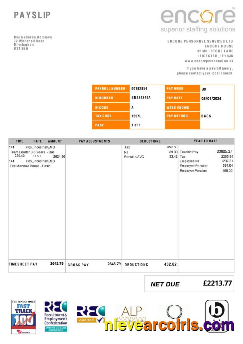 Encore Personnel Services (recruitment) payslip